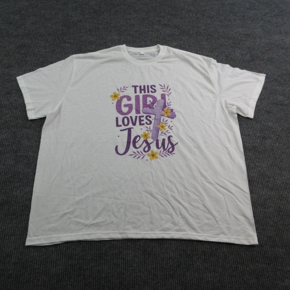 This Girl Loves Jesus Shirt Womens 5XL White Floral Cotton Crew Neck Graphic Tee